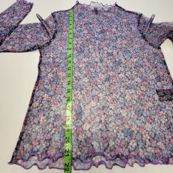 Sheer Purple High Neck Long Sleeve Floral Print Blouse Top Size L - Picture 7 of 13